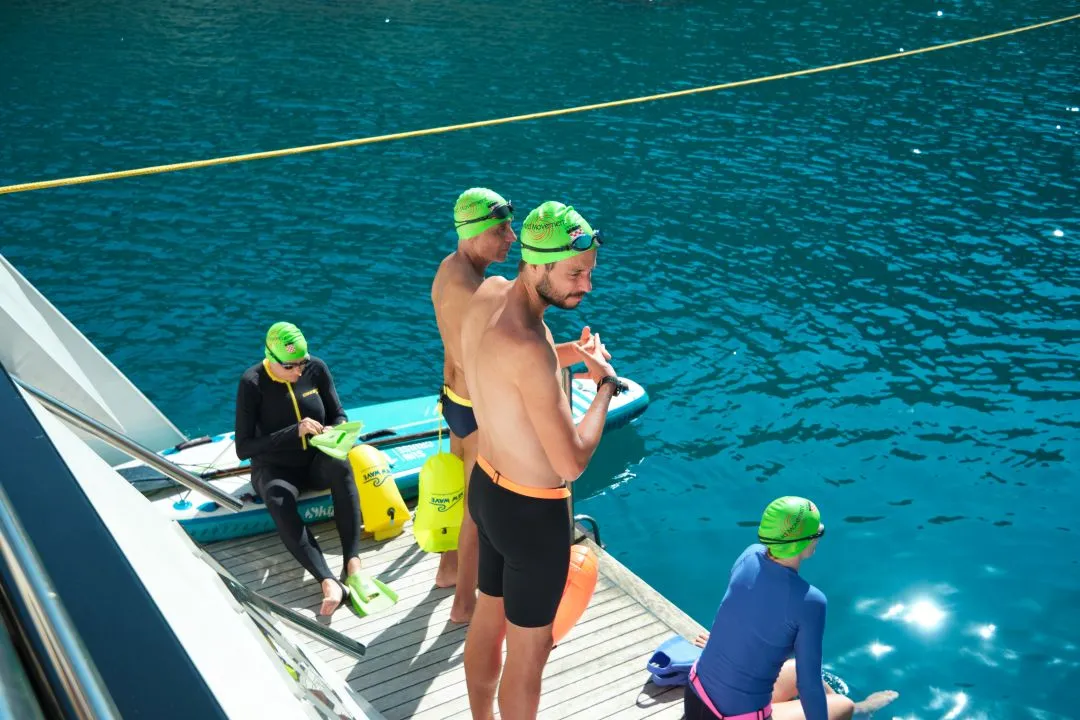 Swimmers preparing on the dock
