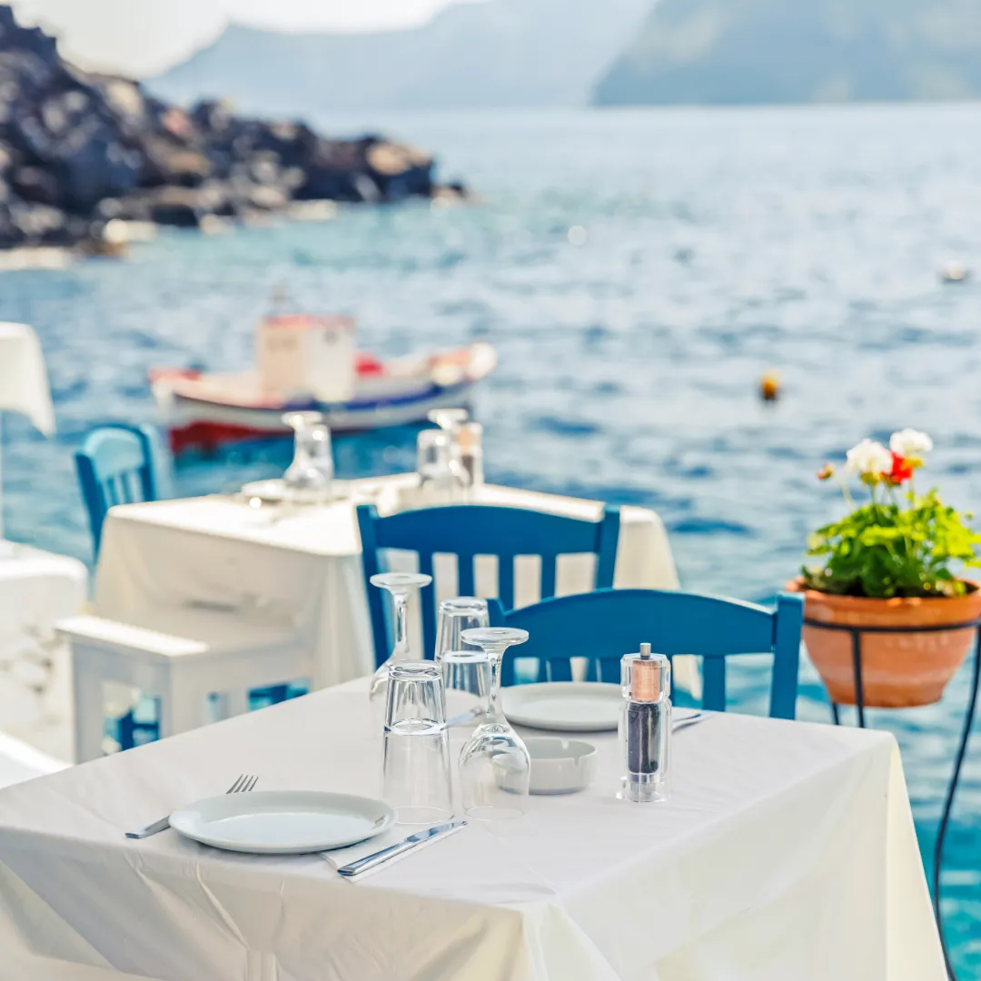 Seaside taverna table on the Aegean, Sporades, Greece