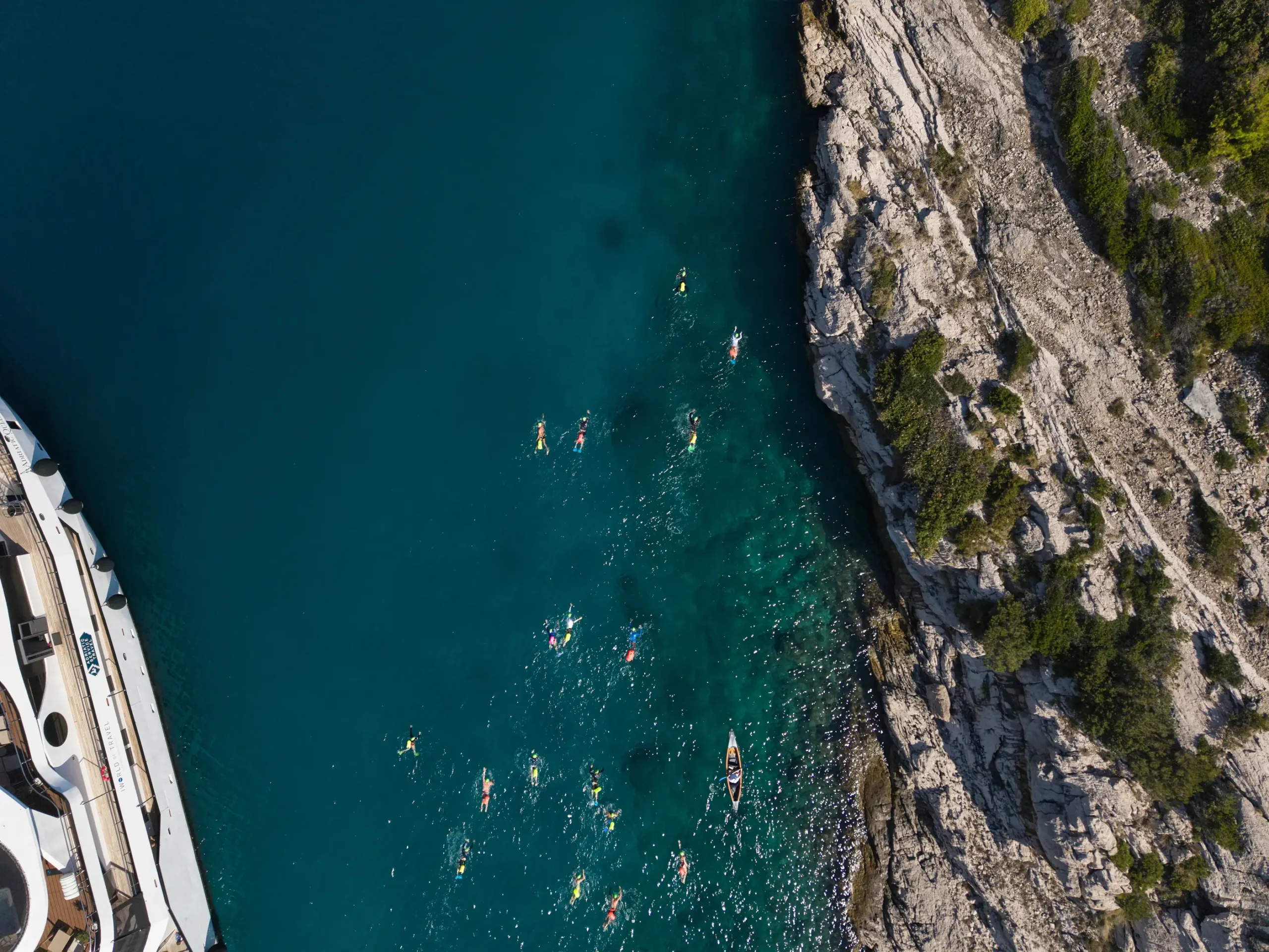 Drone view of open water swim group