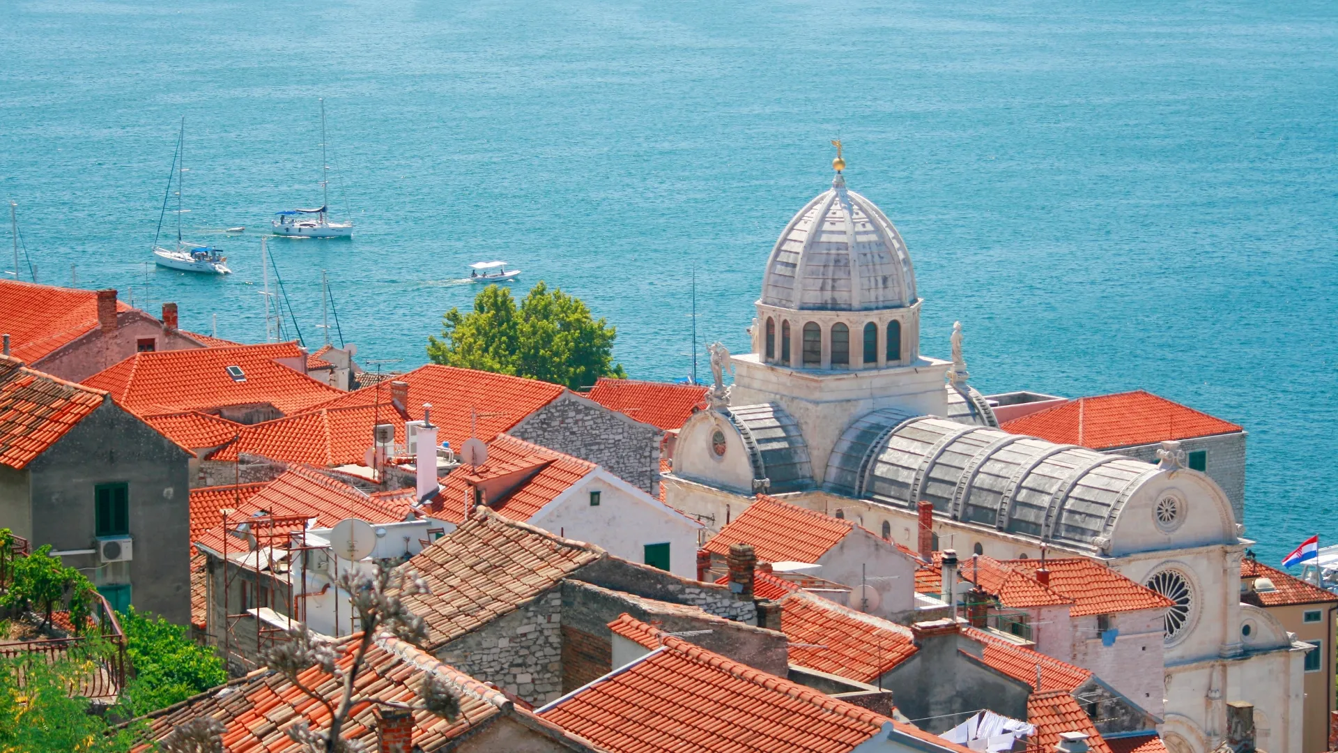 Cathedral of St James dome above Šibenik rooftops and the Adriatic, final stop on our Croatia small ship cruise