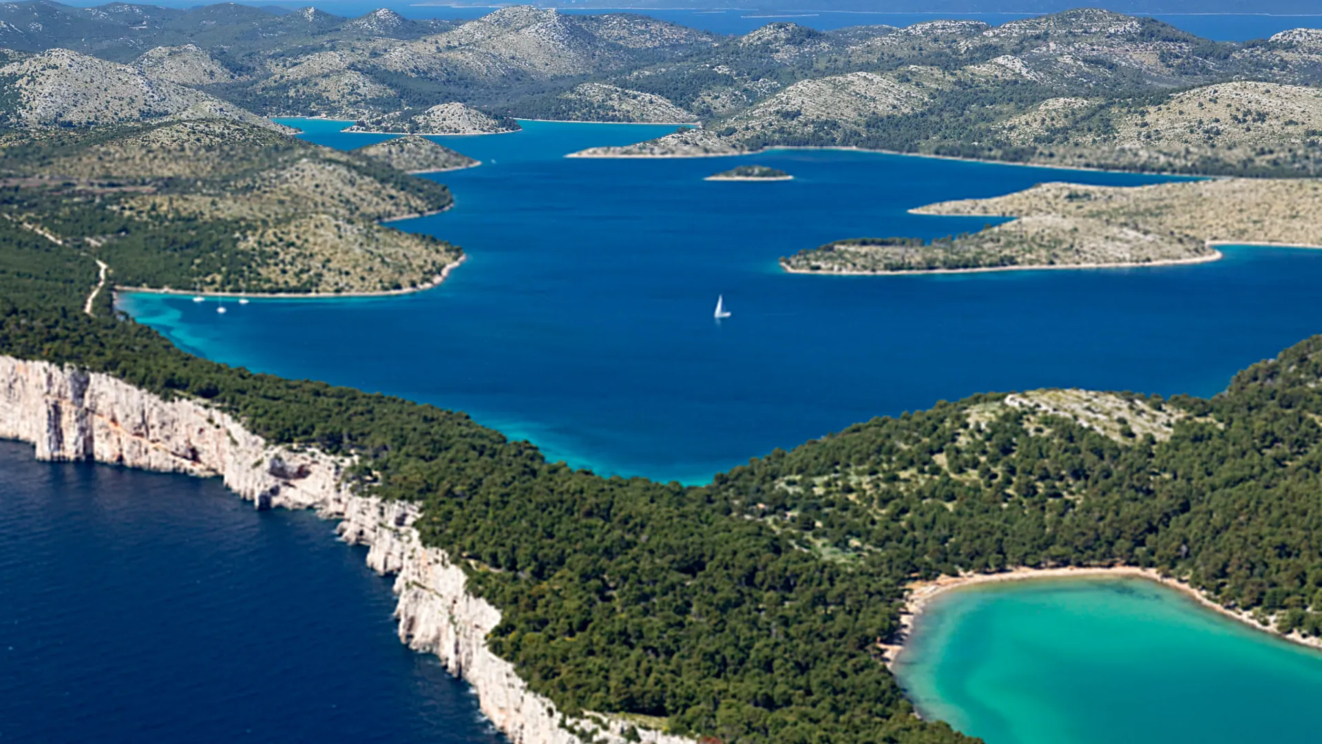 Telašćica Nature Park cliffs and salt lake on Dugi Otok, open water swimming stop near Sali
