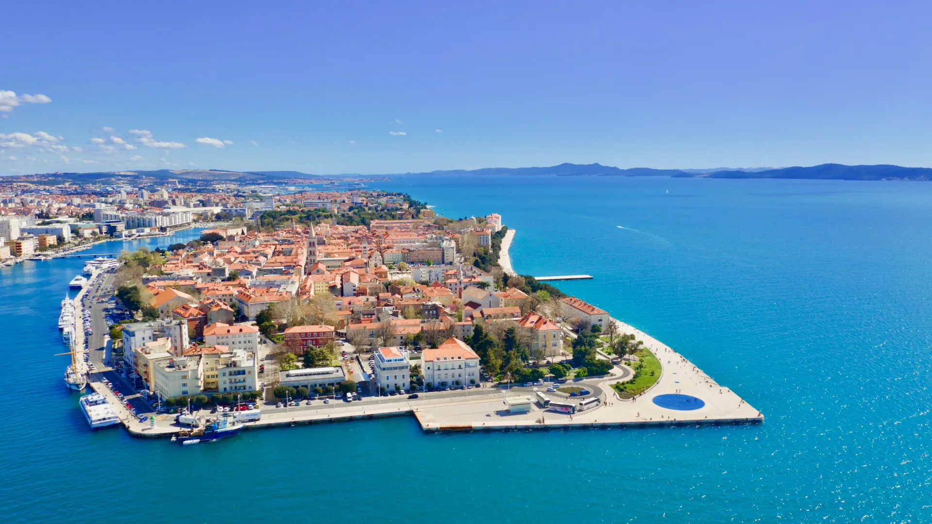 Aerial view of Zadar old town peninsula and the Greeting to the Sun, cultural stop on our Croatia small ship cruise